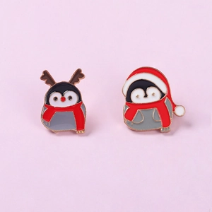 Cute Christmas penguin enamel brooch set with reindeer horns and festive red hats