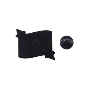Back view of flag-shaped enamel brooch with black matte finish and butterfly clutch pin