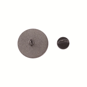 Back view of a round metal molecule pin badge with grey matte finish and rubber clutch