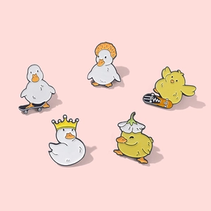 Creative Cartoon Duck Enamel Brooch Pin For Women Kids Cute Skateboard Crown Animal Metal Badge Jacket Backpack Jewelry