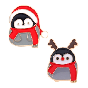 Cute Christmas penguin enamel brooch set with red scarves and festive reindeer antlers