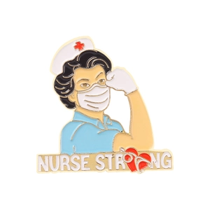 Broche en émail Nurse Strong style Rosie the Riveter avec masque et bonnet d'infirmière