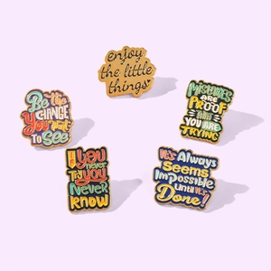 Set of 5 minimalist enamel pins with English quotes in punk style metal finish