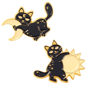 Enamel black cat pins with crescent moon and sun designs in gold-plated finish