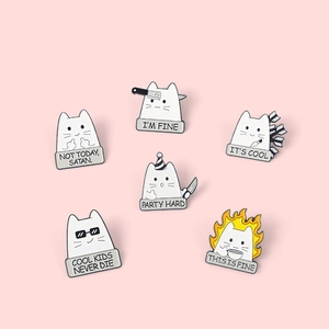 Set of 6 humorous white cat enamel pins featuring funny memes on pink background