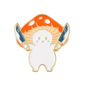 Cute cartoon mushroom enamel pin with two knives in orange and white finish