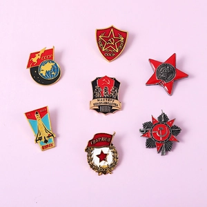 Collection of 7 Soviet-themed metal pins featuring red star, CCCP flags and Buran shuttle