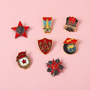 Vintage USSR theme enamel pins set featuring Soviet red stars and space shuttle icons