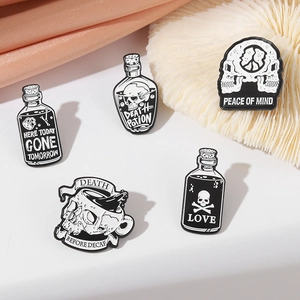 5-piece gothic skull enamel pin set including death potion and coffee cup designs