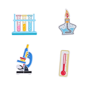 Set of scientific enamel pins featuring a microscope, test tubes, and laboratory equipment