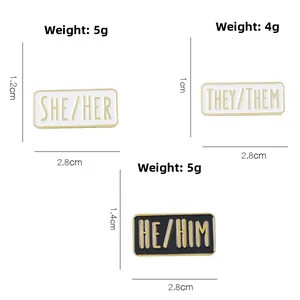 Detailed size chart for gender pronoun enamel pins showing height, width and weight