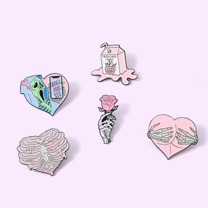 5pcs set of softcore skeleton rose and enamel heart pins for backpacks and jackets