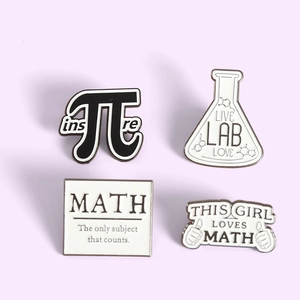 Set of four math and chemistry enamel pins featuring Pi symbol and science motifs