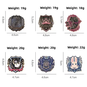 Detailed size chart of six dark fantasy enamel badges showing dimensions and weights