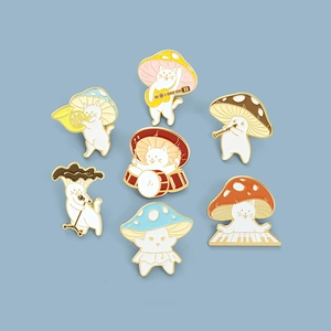 Detailed close-up of seven cartoon cat mushroom enamel pins playing musical instruments