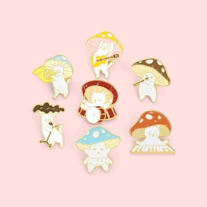 Cute cartoon mushroom cat enamel pins set featuring white cats playing musical instruments