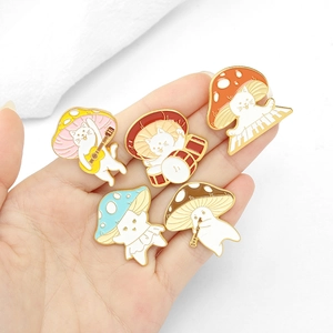 Cute cartoon cat mushroom band enamel pins featuring guitar and drum musical instruments