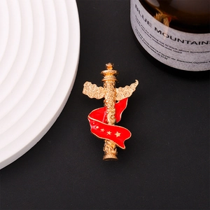 Vintage Alloy Huabiao Pillar Brooch Pin For Women Men Chinese National Style Gold Plated Red Enamel Star Badge Jewelry