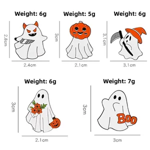 Detailed dimensions and weight of five ghost Halloween enamel pins with festive icons