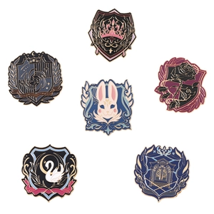 Set of 6 fantasy enamel pins with crown, rabbit, and moon designs in gold plating