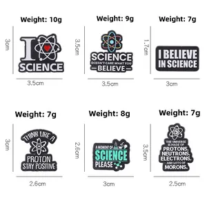 Detailed size and weight chart for six different science-themed enamel brooches