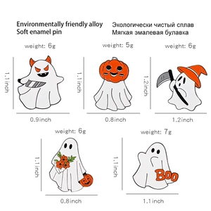 Halloween enamel pin set featuring cartoon ghosts with scythe and Boo lettering