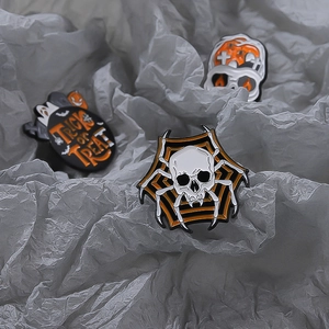 Punk Halloween alloy brooch set featuring skull, spider web and Trick or Treat pumpkin designs