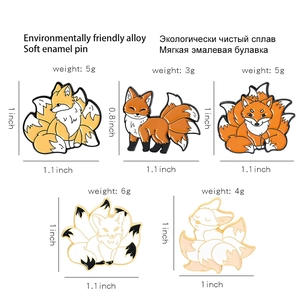 Cute set of nine-tailed fox alloy enamel pins in various poses with size specifications
