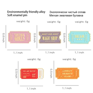 Set of colorful enamel alloy postage stamp pins featuring Magic Shop and Lovesick Girls designs