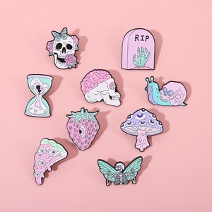 Creepy Cute Enamel Pins Set Gothic Pastel Halloween Brooch Alloy Drip Oil Skull Strawberry Mushroom Pizza Badge For Men Women Bag Accessory