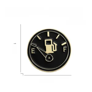 Detail showing a 1.1-inch round fuel gauge enamel pin badge in eco-friendly alloy