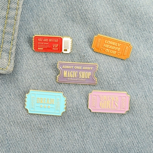 Vintage Alloy Enamel Ticket Stub Brooch Personalized Letter Magic Shop Pins For Clothing Bag Decorative Fashion Badge Accessories