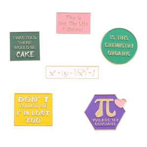 Set of six colorful geometric enamel pins featuring math formulas and science puns