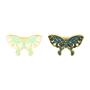Creative enamel butterfly pins with moon phase design in green and gold finish