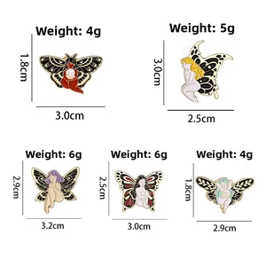 Detailed size chart for assorted butterfly and fairy enamel pins with precise weights