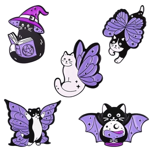Set of five purple cartoon cat enamel pins featuring wizard hats and butterfly wings