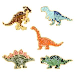 Lot de cinq broches dinosaures colorées en émail avec bordure dorée pour vêtements