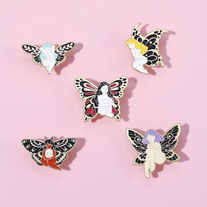 Artistic butterfly and moth enamel pins featuring female silhouettes in vibrant colors