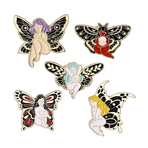 Five-piece set of artistic enamel butterfly girl pins in dark fantasy aesthetic styles