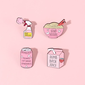 Set of four creative pink enamel pins featuring humorous soda and noodle designs