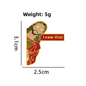 Detail view of enamel pin showing 3.1cm x 2.5cm size and 5g weight specifications