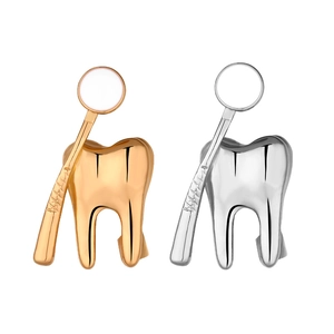 Broche créative dent et miroir dentaire en or et argent pour vêtements médicaux