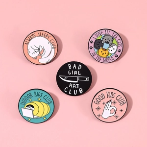 Five-piece set of round enamel cat and club theme pins in vibrant colors and metal alloy