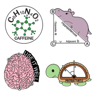 Set of four creative science and math enamel pins with hippo and turtle motifs