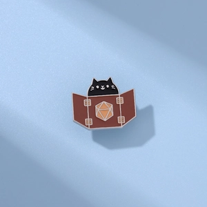 Cute black cat enamel pin with d20 dice screen design for bags and backpacks