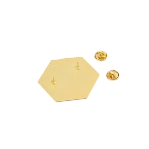 Detail view of the golden hexagonal brooch back with butterfly clasps and metal texture