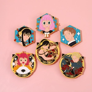 Macro view of six SPY x FAMILY enamel pins featuring Anya, Yor and Loid on pink background
