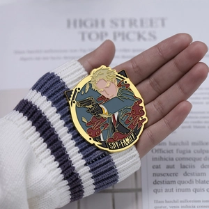 Detailed enamel pin of Loid Forger from Spy x Family held by hand on striped background
