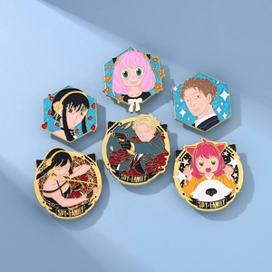 Detail view of 6-piece Spy x Family enamel pins set with Anya and Loid character designs
