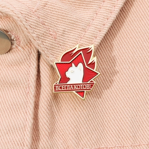 Star flame cat enamel pin badge with Always Ready text on pink denim jacket collar